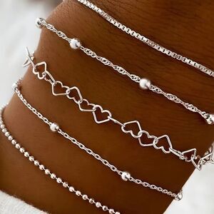5 Silver Link Beaded Bracelet Chain Set Group Open Heart Multi Layer Adjstbl NWT